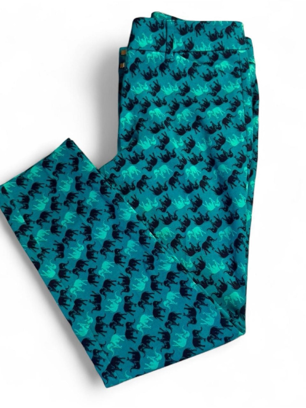 New York & Company Teal and Navy Elephant Print Cropped Pants